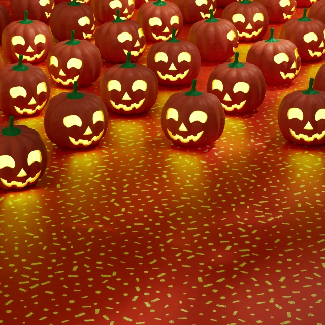 a big group of pumpkins with faces on them