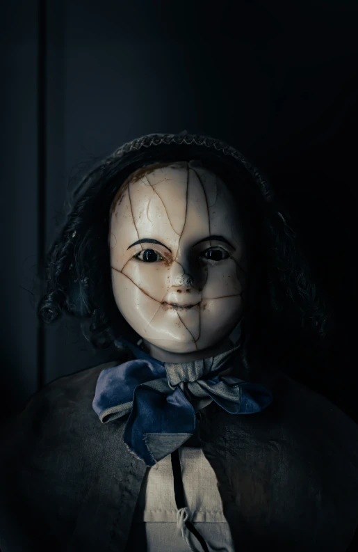 a creepy doll dressed in costume is sitting