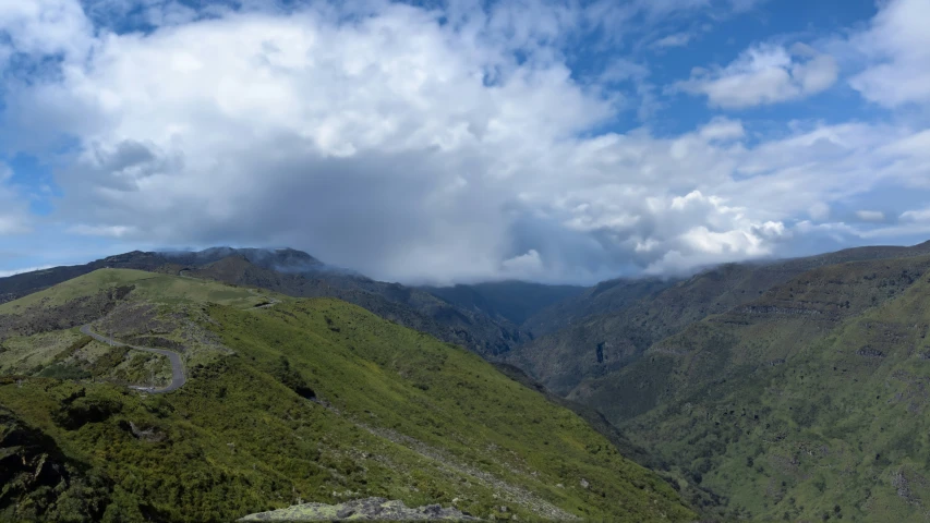 some hills and trees and clouds and green grass