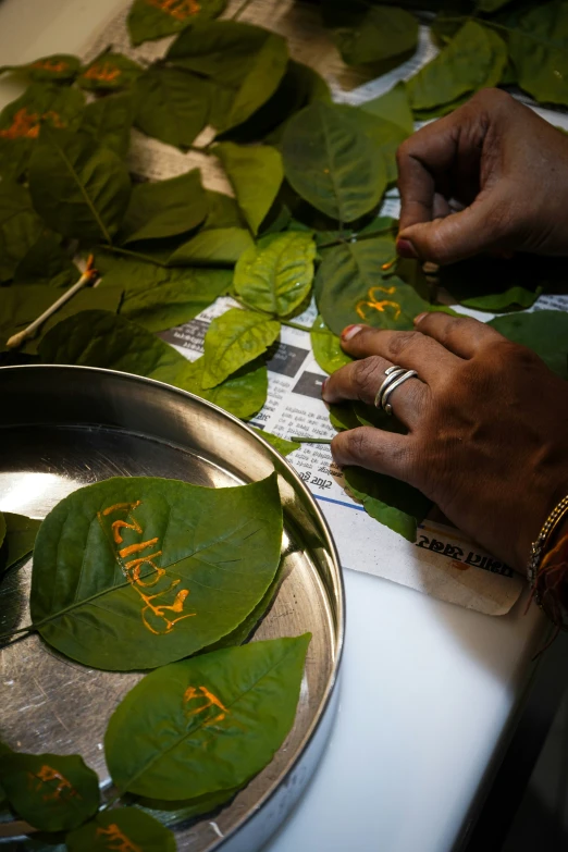 two hands on metal trays with leaves on them