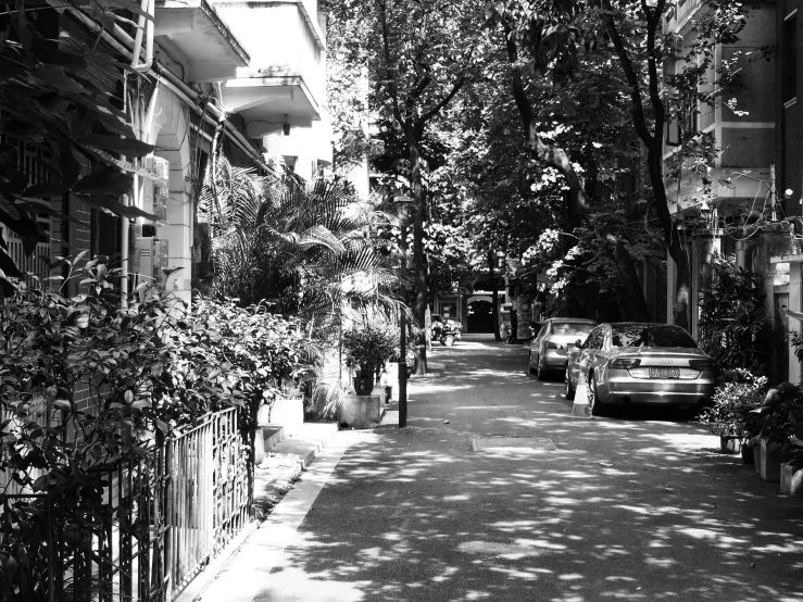 a black and white po of several houses on a street