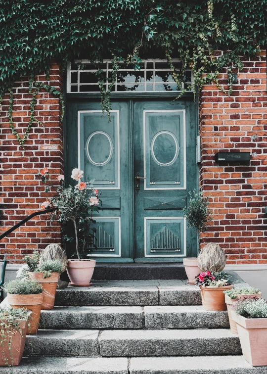 several pots with plants on each of them outside of a green door