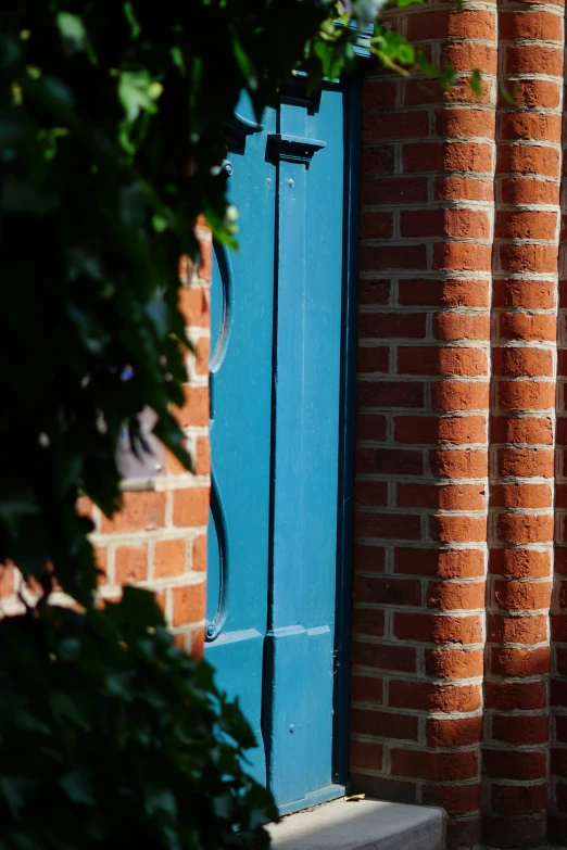 a blue door stands in between two brick columns