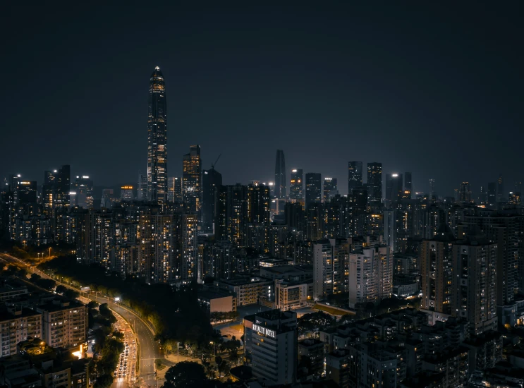 an aerial view of a city at night