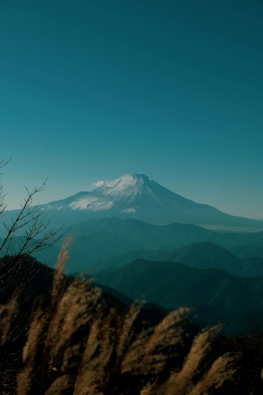 a snow covered mountain towering over mountains with small patches of vegetation