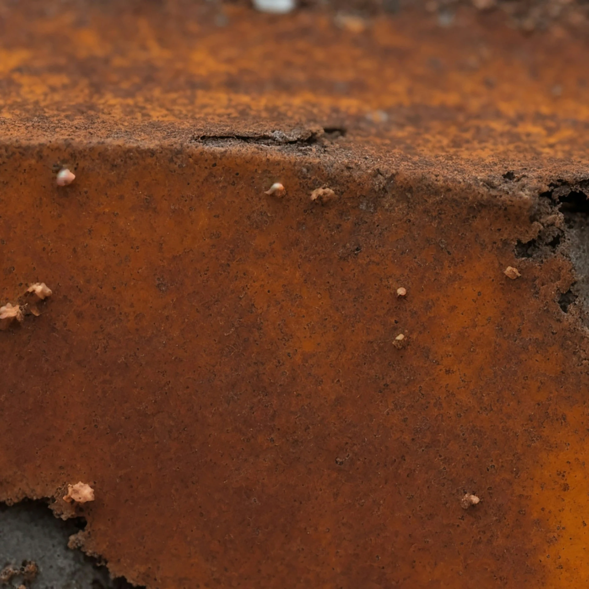 a metal surface with holes and rust on the bottom