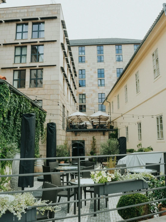 an outside patio and seating area with chairs, umbrellas, and plants in the foreground