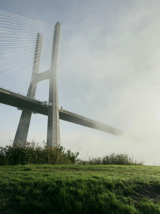 the underside view of a large, tall bridge