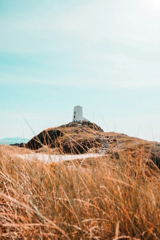 a grassy hill and tower with stairs on it