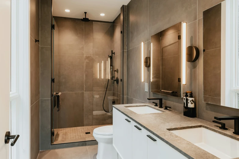 the large bathroom has a walk - in shower