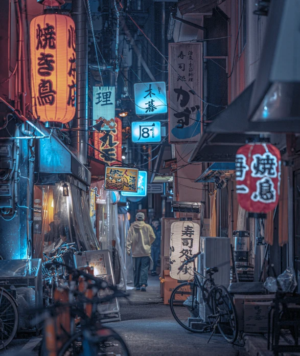 asian street lights and signs and bikes in a alley