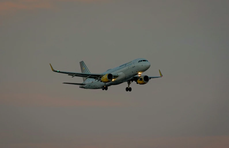 this airplane is flying with its landing gear down