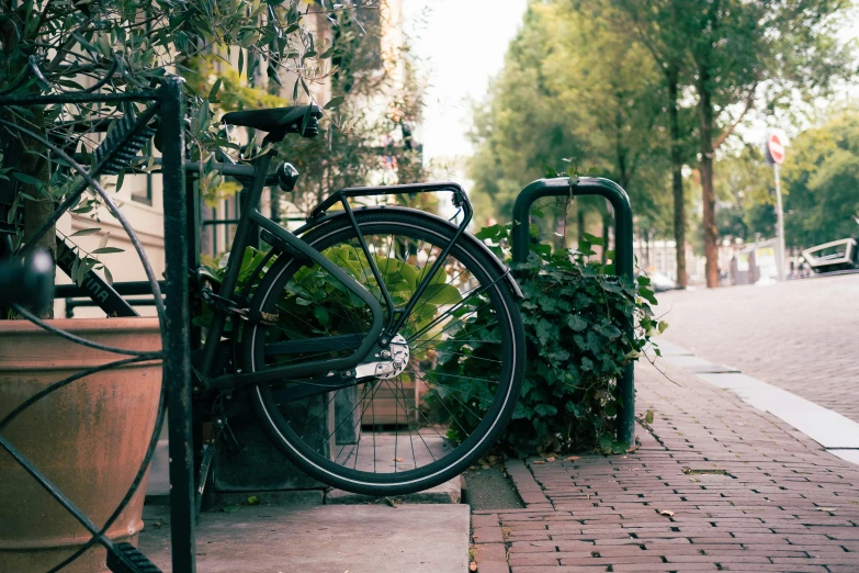 a bicycle propped up next to a planter