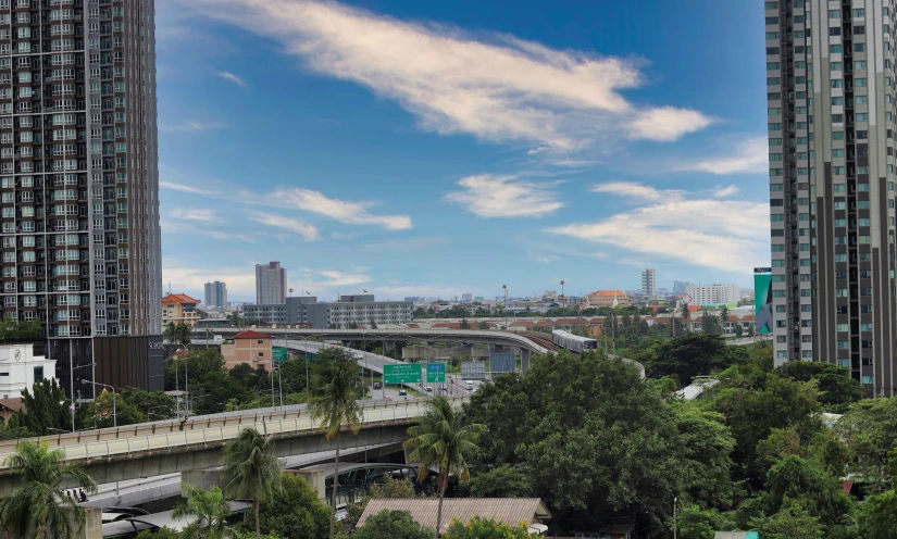 buildings and bridges in the city with trees