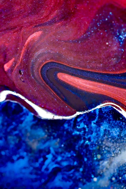 an abstract painting with red, white, blue and purple