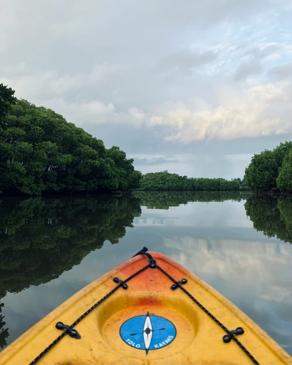 a person riding in a yellow canoe down a river