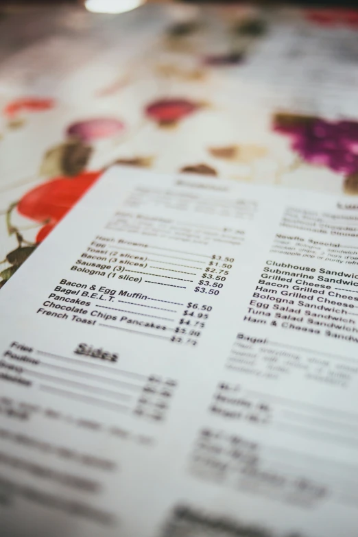 a menu with a flower print on it and the ingredients displayed