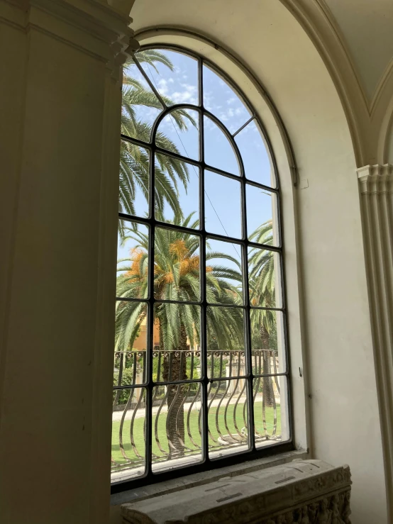 a large arched window with trees and grass outside