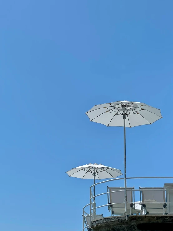 the top of a building with some tables under umbrellas