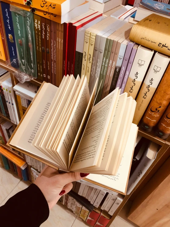 the open book sits in front of some books