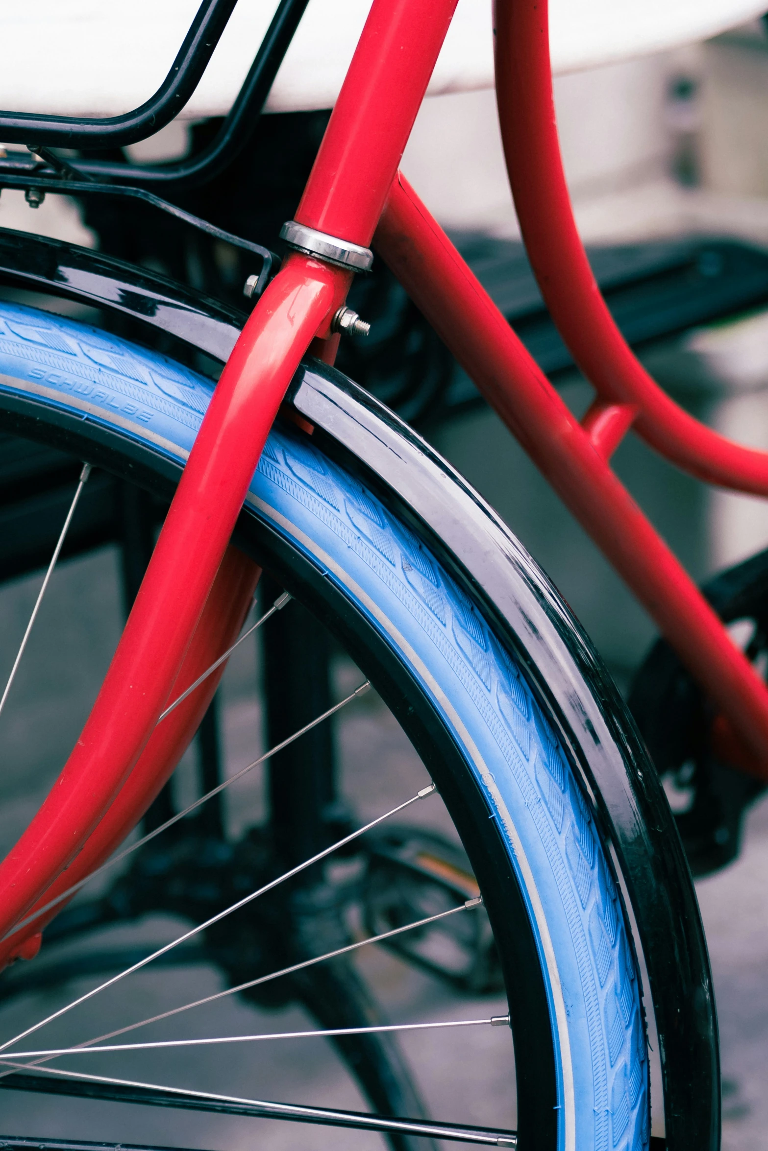 a bike painted red, blue, and black