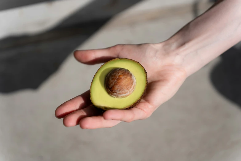 a person holding an avocado in their hand