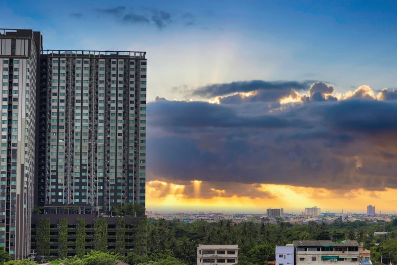 a skyline s with buildings on the side under clouds