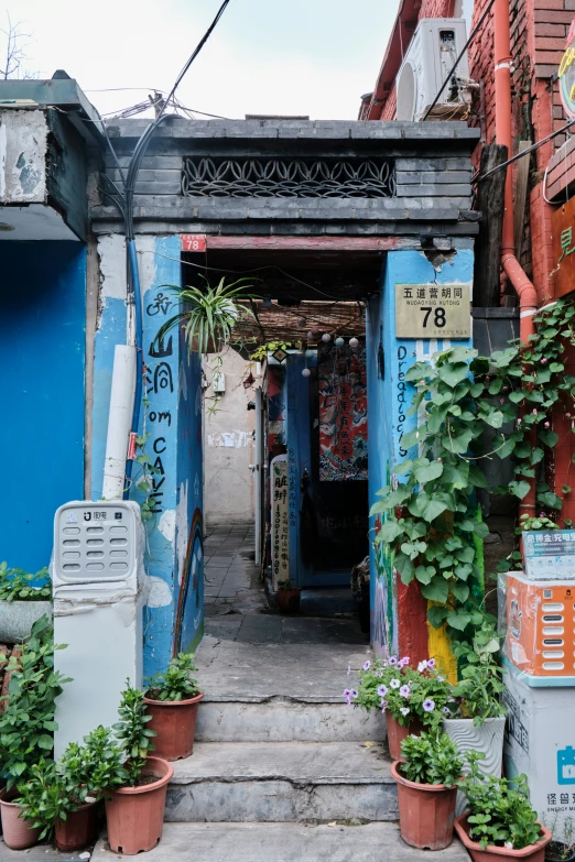 the entrance to a store surrounded by various plant growing