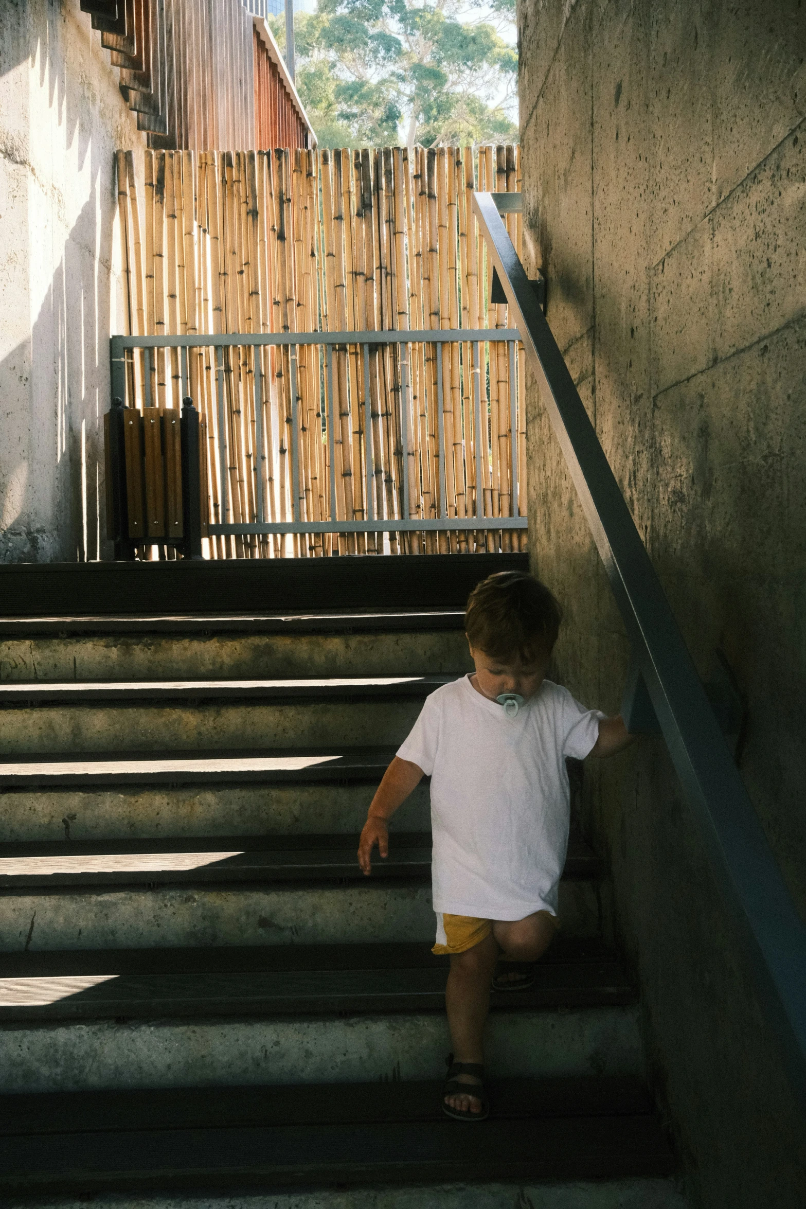 a small boy wearing white shirt climbing down some steps