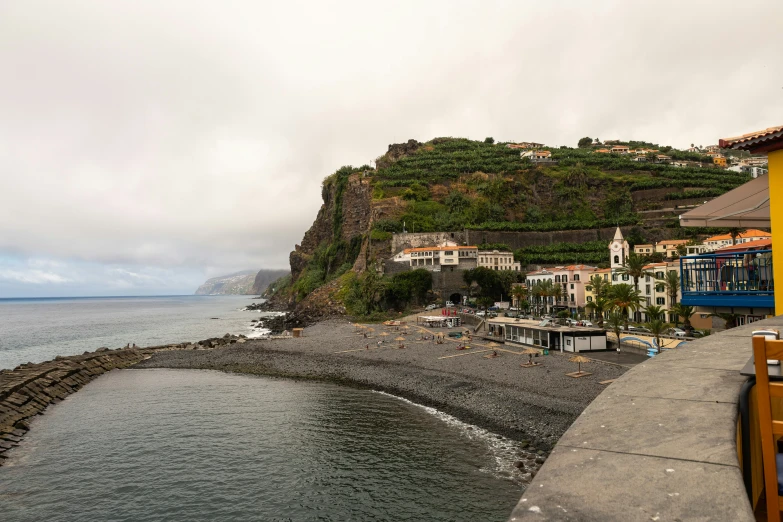 a mountain on a body of water with a town on the side