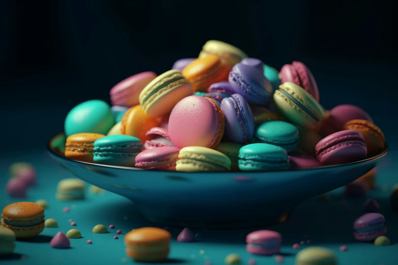 blue bowl filled with different colored macaroons on a blue background