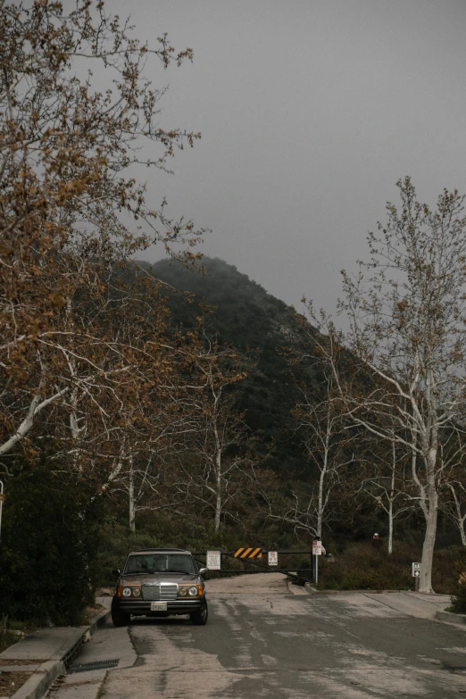 a car is parked on the street with trees near by