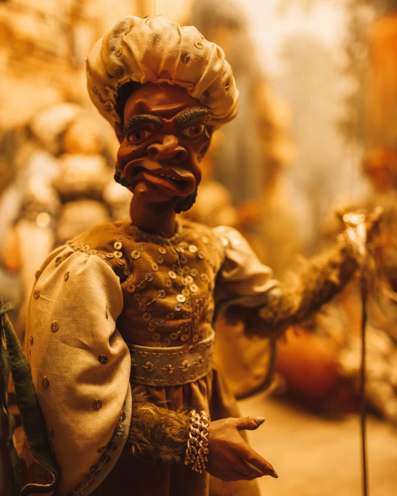 an ancient african warrior doll looking confused and angry