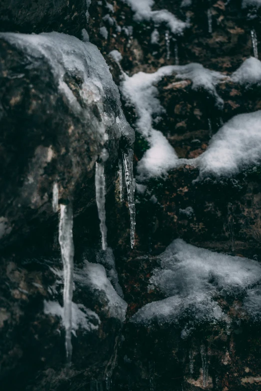 close up of ice and snow on the rocks