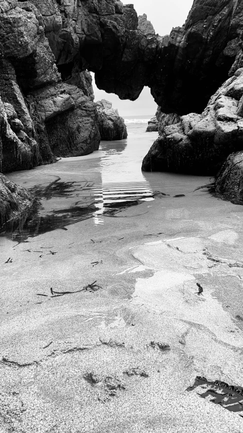 the beach has a view of some water and some rocks