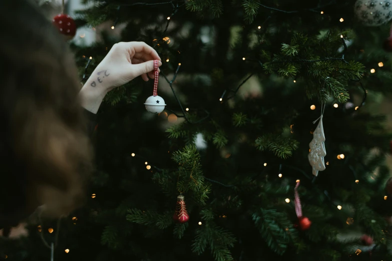 a person hanging decorations from a christmas tree