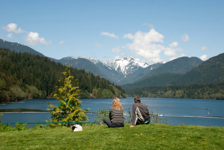 a woman and a man are sitting next to the water and a small tree