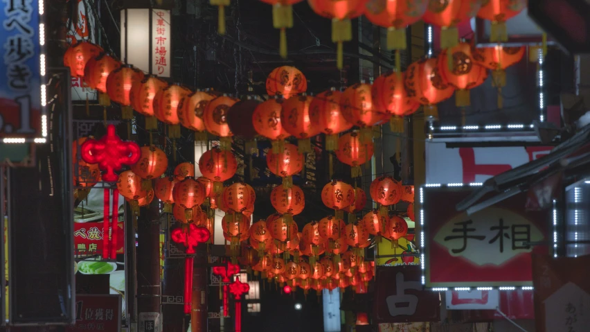 a colorful display of oriental lanterns in an oriental city