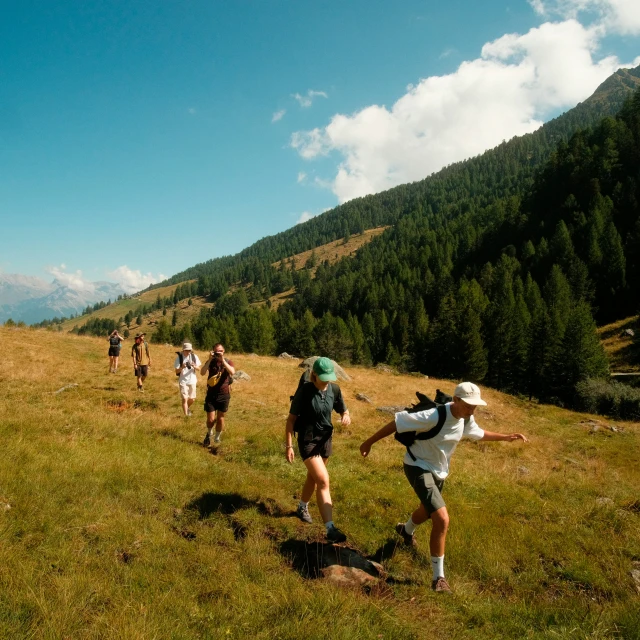 some people are hiking in the mountains on a sunny day