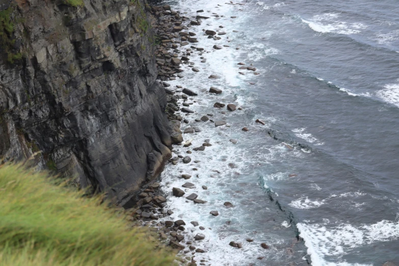 a rocky shore and grassy field next to the ocean