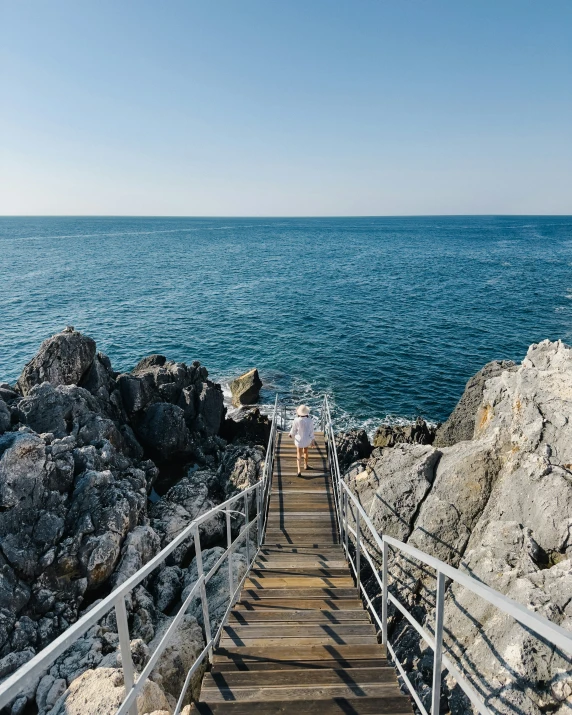 people walking down steps near the ocean on the rocks