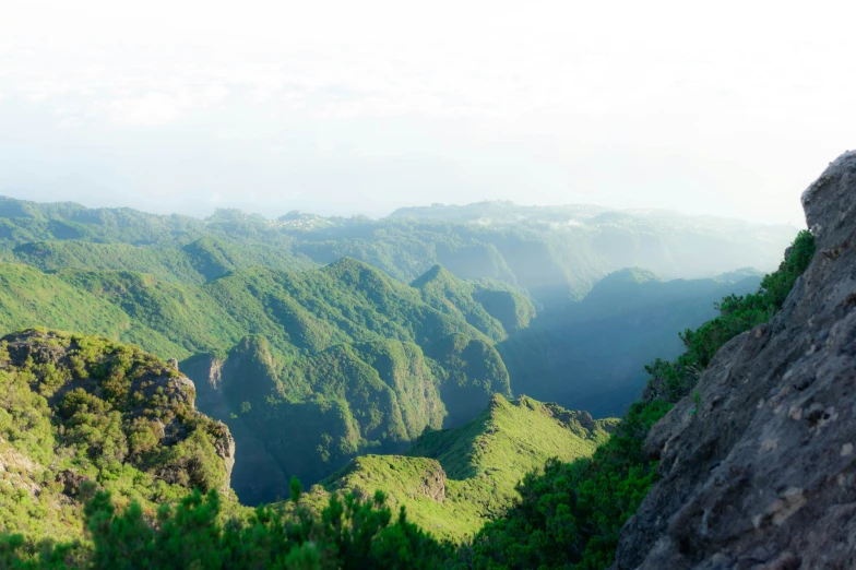 the lush green mountains overlook a canyon of steep gorges