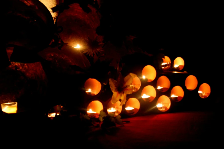 many lit pumpkins in rows sit outside at night