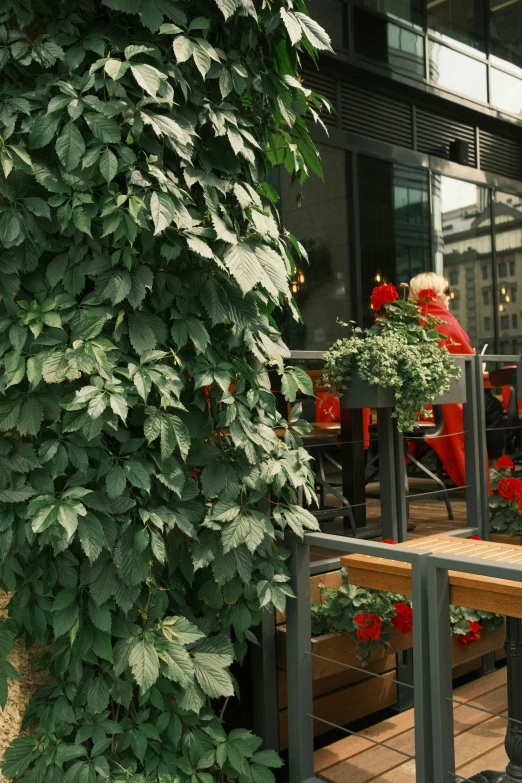 a building with some wooden tables and chairs