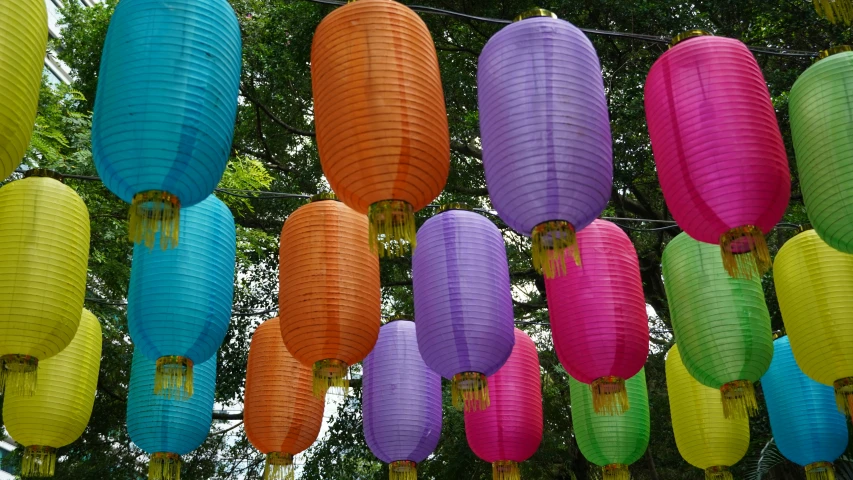 paper lanterns strung from strings hanging in a line