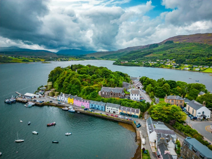 a aerial view of a lake and a town