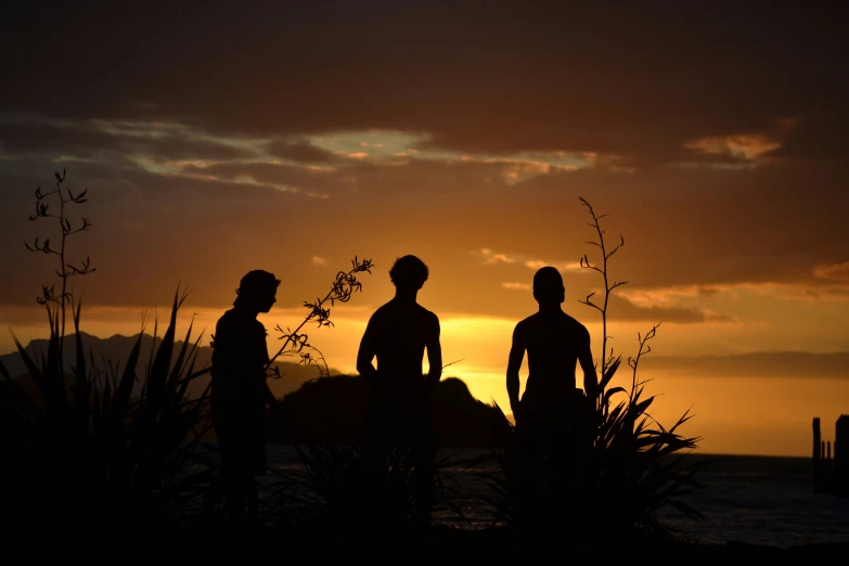 silhouettes of two statues facing each other on the beach at sunset