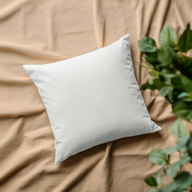 a pillow on a bed with a green plant