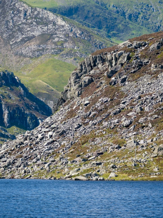 a rocky bank near the edge of a lake