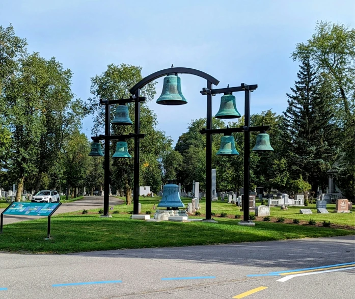 four bells in a circle and a sign post with them